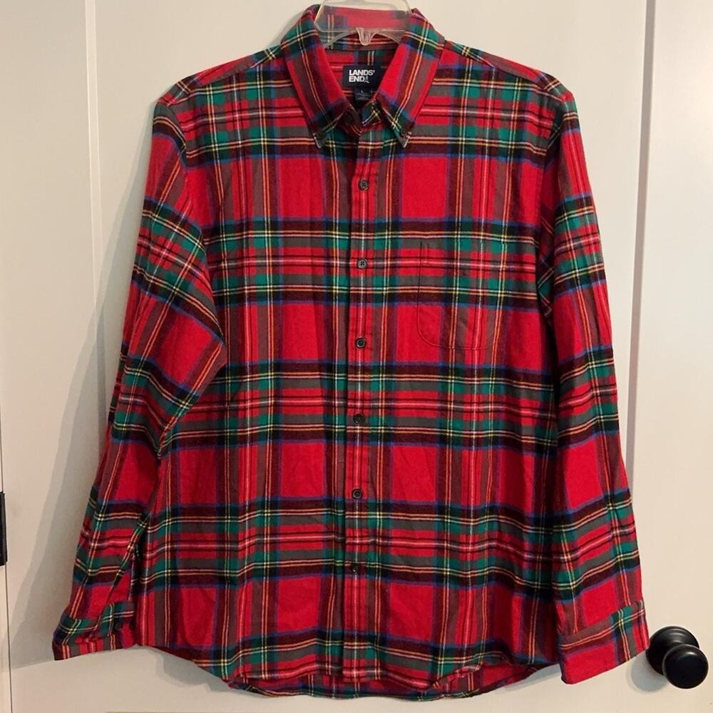 Lands' End Shirt Sz L Red Plaid Flannel Long Sleeve Button Winter Casual Holiday